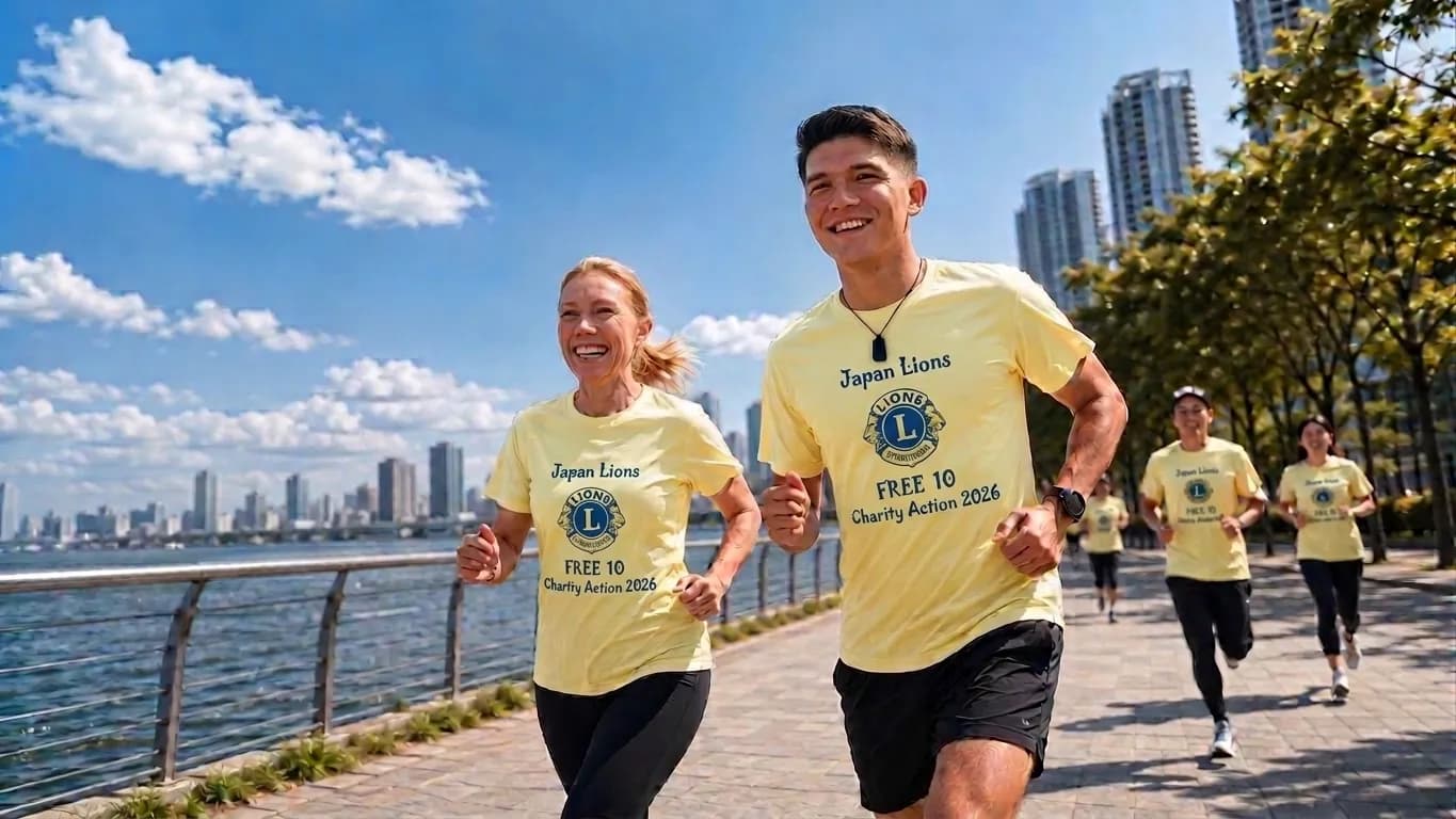 豊洲の水辺の遊歩道を、そろいの黄色い Free10 Running Tシャツで走るランナーたち